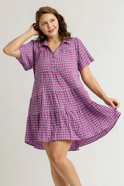 Umgee Full Size Gingham Tiered Button Detail Short Sleeve Dress Plus Size