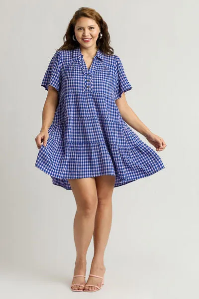 Umgee Full Size Gingham Tiered Button Detail Short Sleeve Dress Plus Size