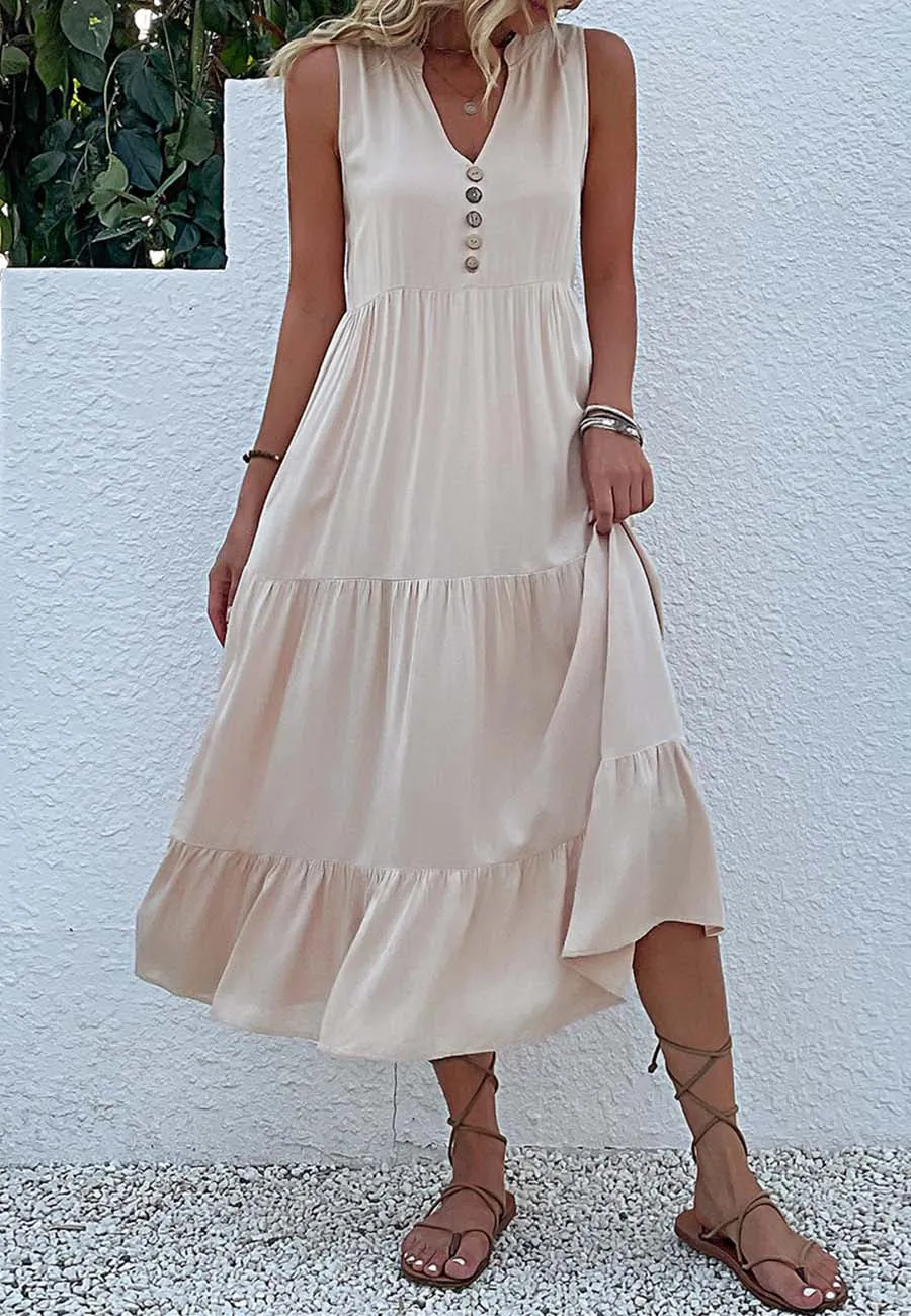 V Neck Tiered Midi Dress