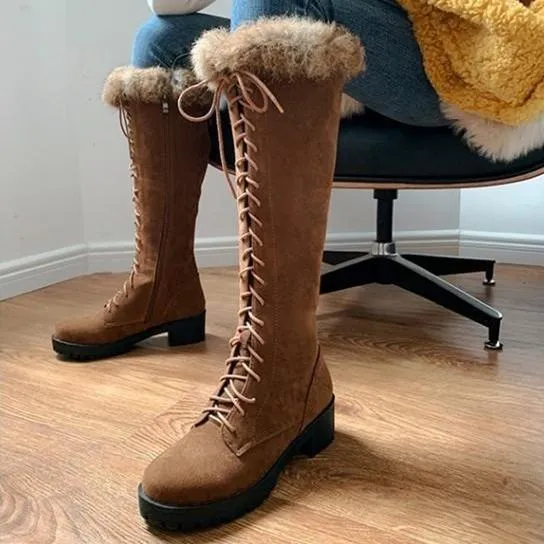 Women Knee High Faux Fur Winter Lace Up Boots