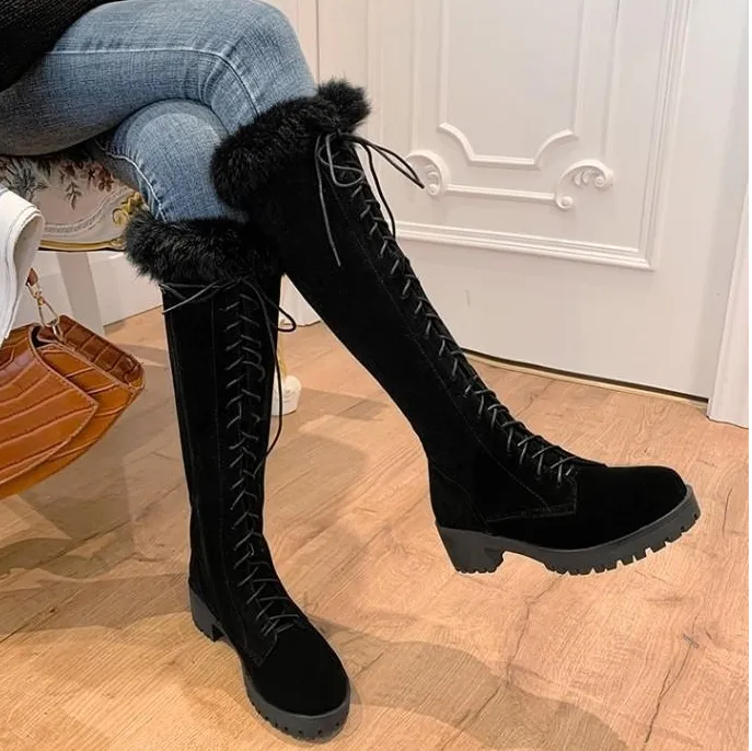 Women Knee High Faux Fur Winter Lace Up Boots