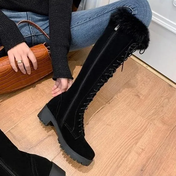 Women Knee High Faux Fur Winter Lace Up Boots